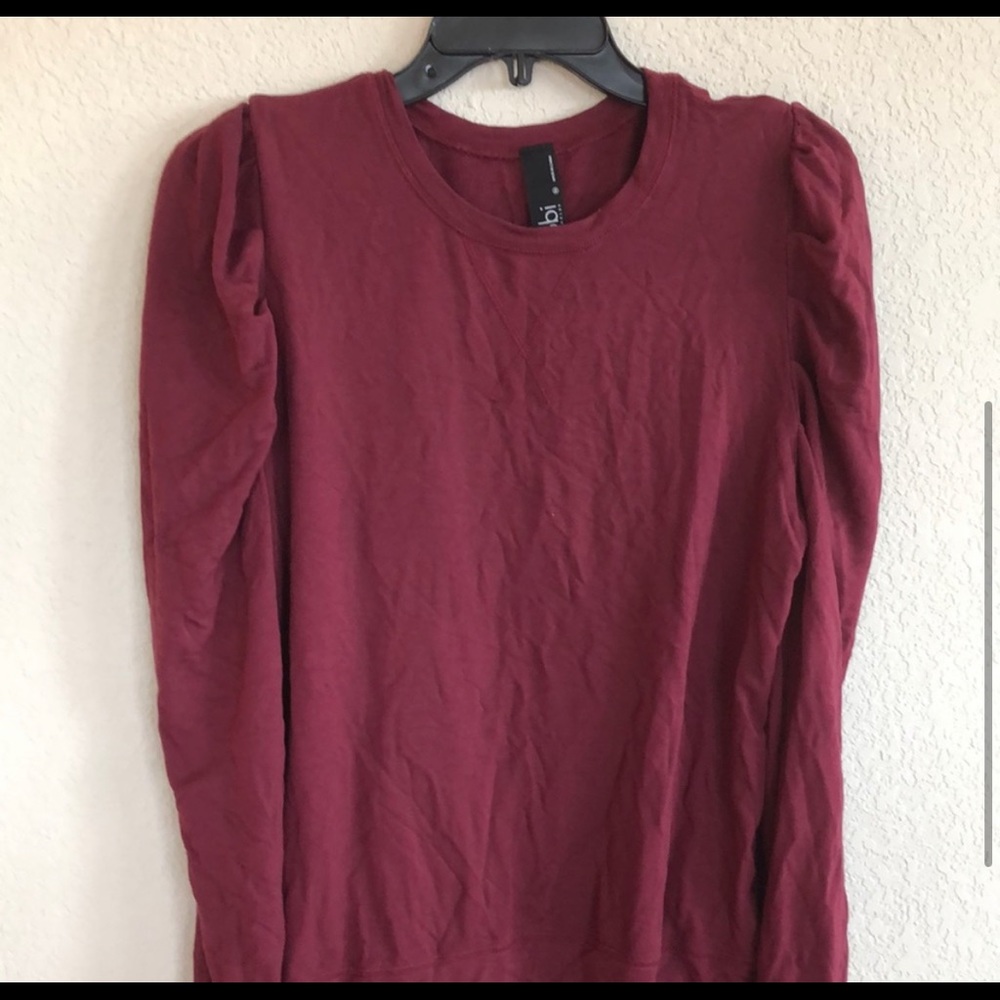 bobi Puff Sleeve Crewneck Sweater in Burgundy - Picture 2 of 4